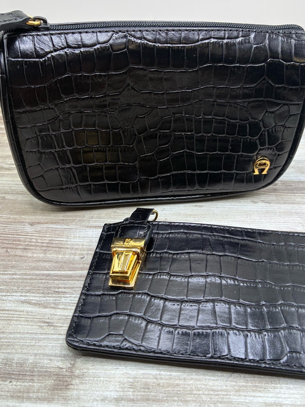 Vintage Etienne Aigner Black Croc-Embossed Leather Zip Pouch and ID/Card Case
